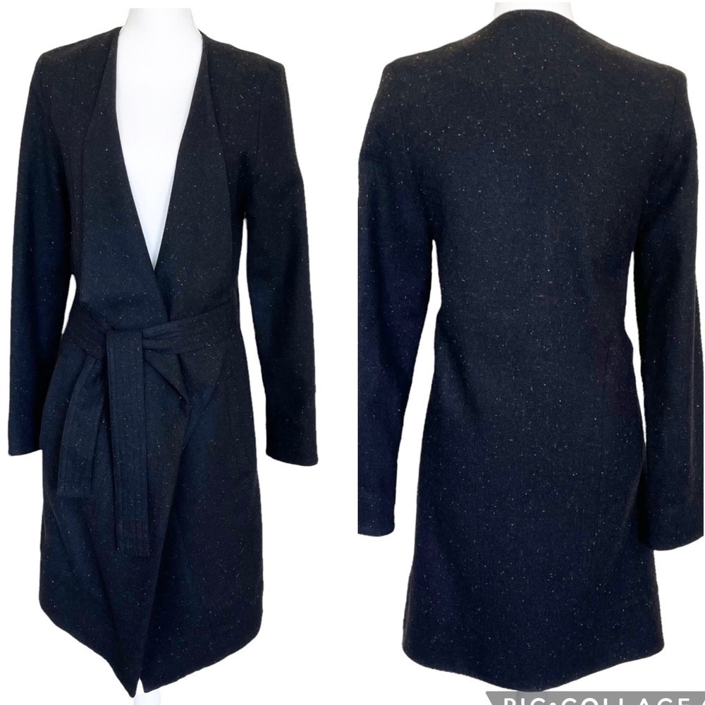 Alpha60 Drape Front Wool Blend Tie Front Jacket Black Fleck Mid Length Size Xs